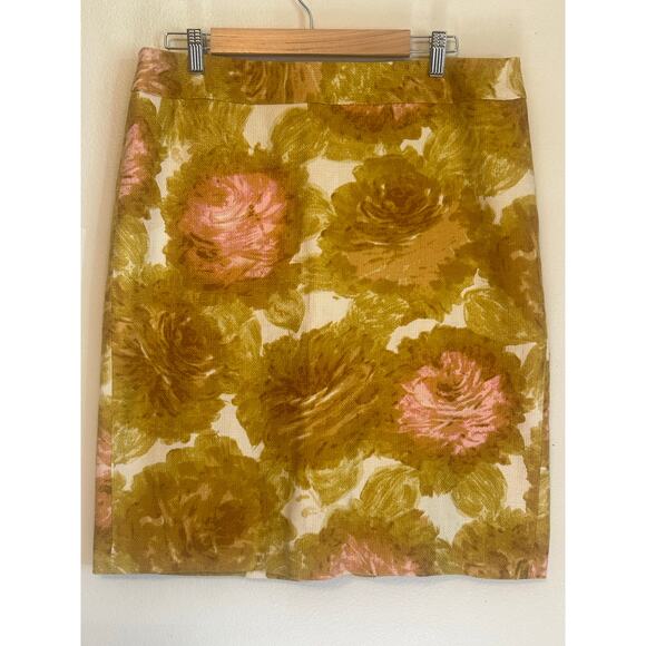 Talbots Lined Pencil Skirt Mustard Yellow & Pink Floral Print Woman's Size 12/14 - Picture 1 of 14